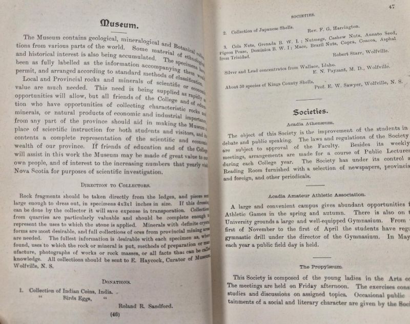 Museum page and donations list from the 1902-1903 College Calendar, pages 46-47.