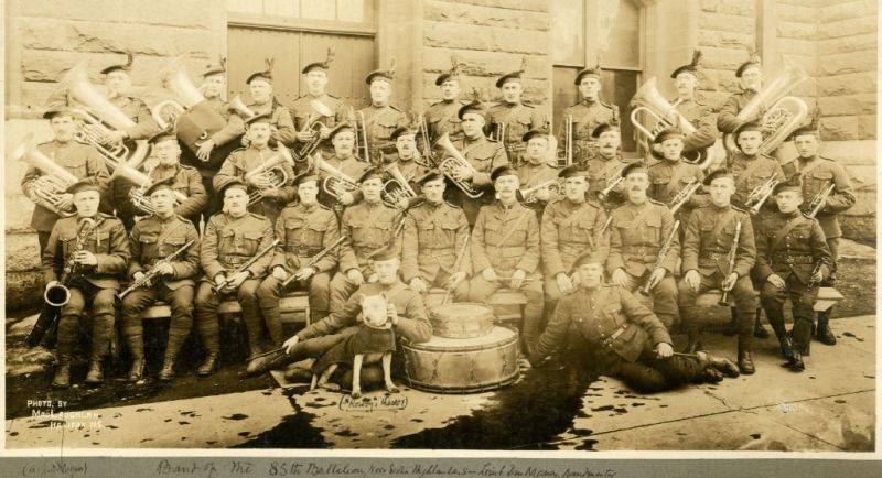 Photo of the band of the 85th Battalion outside the Armouries in Halifax, ca. 1916.
