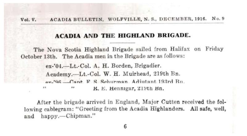 Excerpts from the Acadia Bulletin issue for December 1916. The first is titled "Acadia and the Highland Brigade."