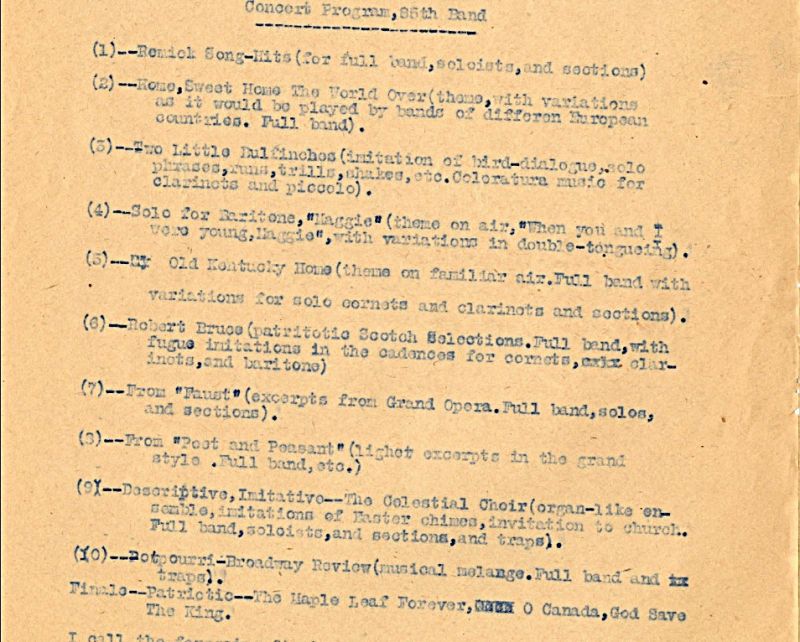 The concert program for the Band of the 85th Battalion, as presented in Logan’s manuscript about Canada's Champion Regimental Band.