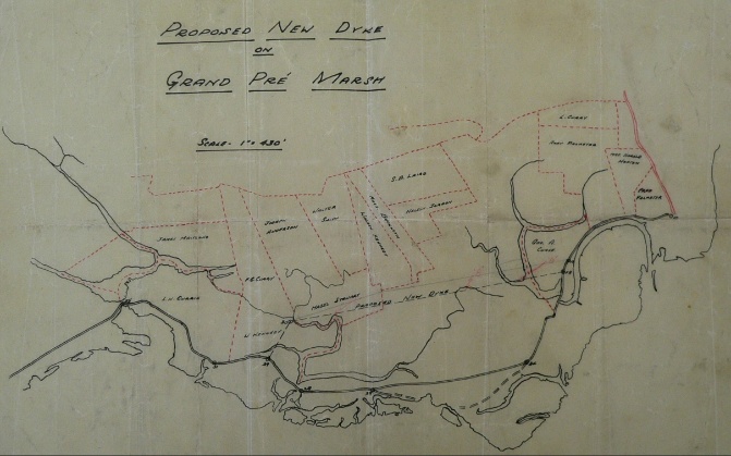 Paper map of "Proposed New Dyke on Grand Pre Marsh."