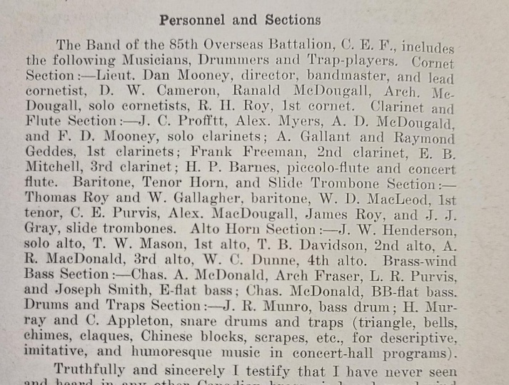 Text excerpt titled "Personnel and Sections" which lists the members of the Band of the 85th Overseas Battalion.