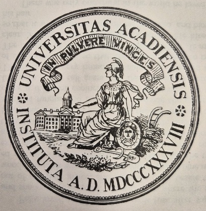 The Acadia University seal depicting Athena with a shield bearing the head of Medusa, first College Hall, a spade, and a plow with sheaves of wheat.